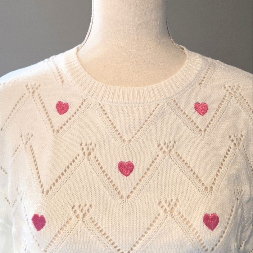 NWT Francesca’s White Heart Pointelle Sweater - Valentine XL - Picture 2 of 7